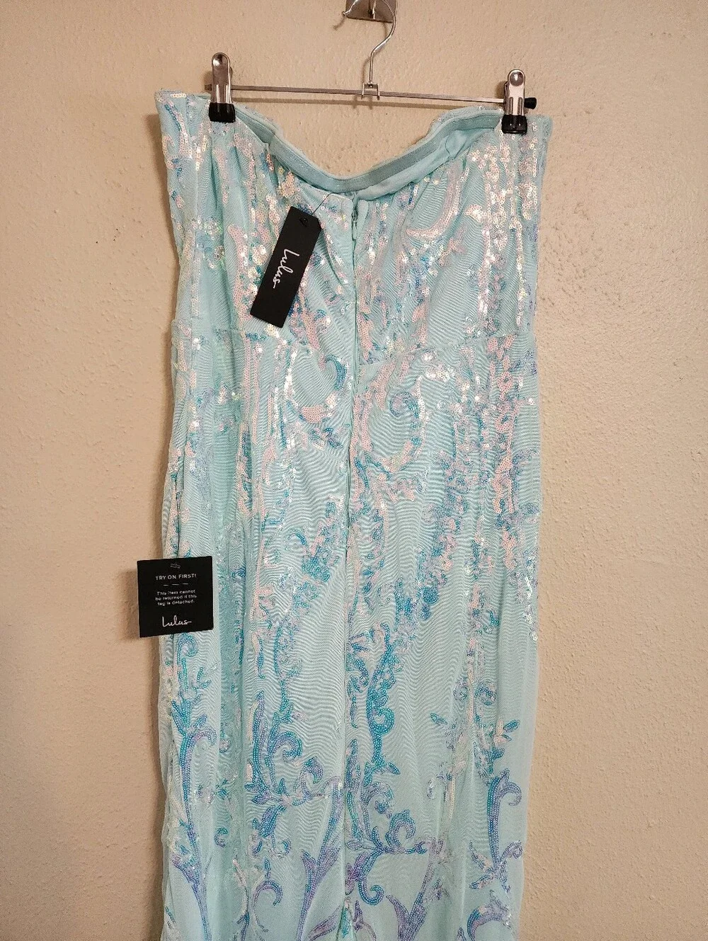 Lulus Made to Stun Light Blue Sequin Strapless Mermaid Maxi Dress XL Wedding - Picture 10 of 11